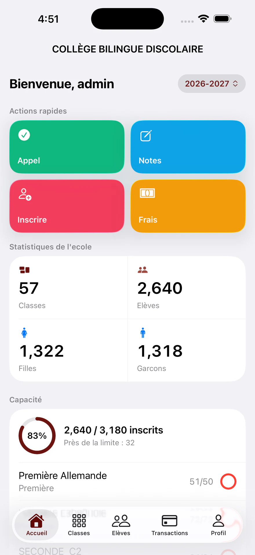 L'accueil de l'application mobile Discolaire : appel, notes, inscription et frais en accès rapide, puis les effectifs de l'établissement.